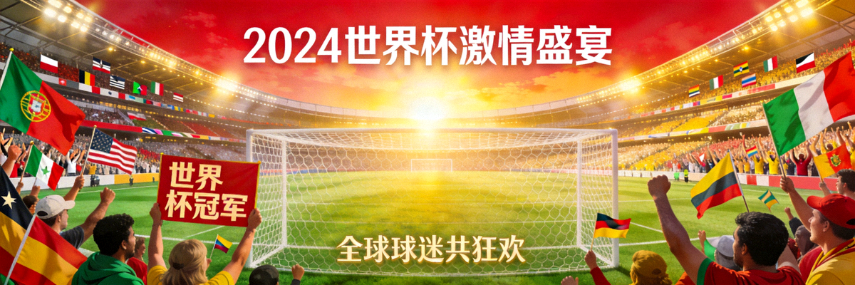 世界杯主题横幅图 - 球场全景，球迷欢呼，气氛热烈